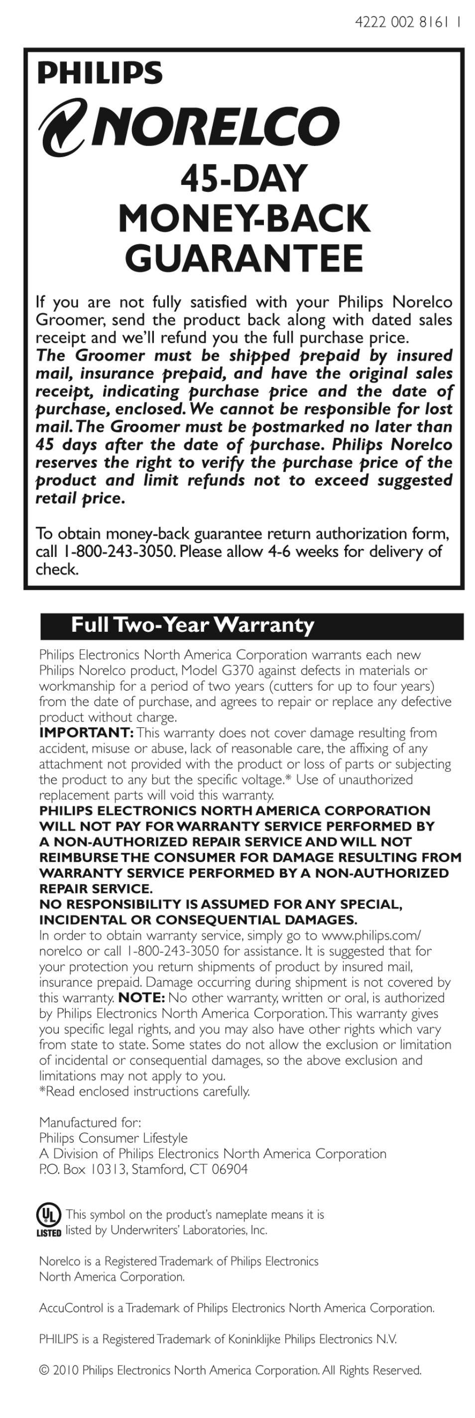 Norelco, Day money-back guarantee, Philips | Full two-year warranty | Philips G470-30 User Manual | Page 13 / 13