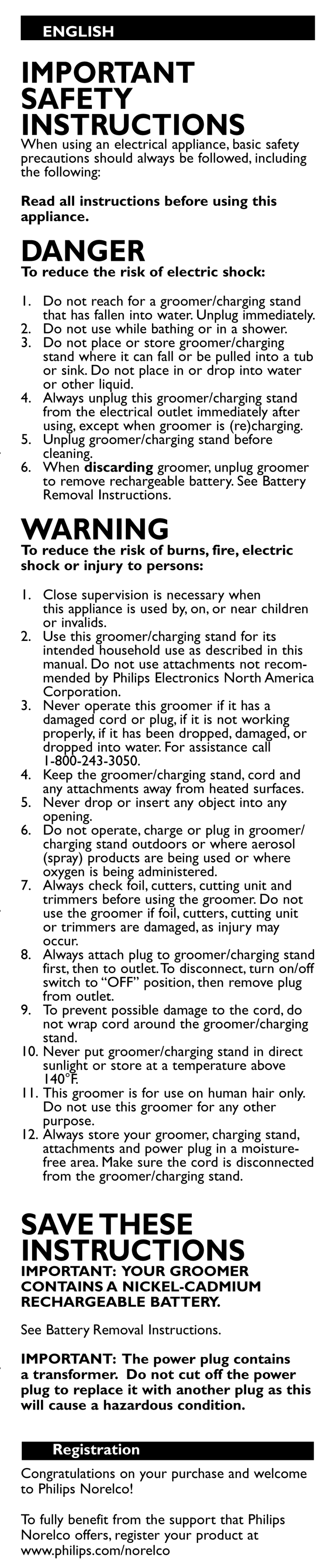 English, Read all instructions before using this appliance, To reduce the risk of burns, fire, electric | Registration, Important safety instructions, Danger, Warning, Savethese instructions | Philips G470-30 User Manual | Page 2 / 13