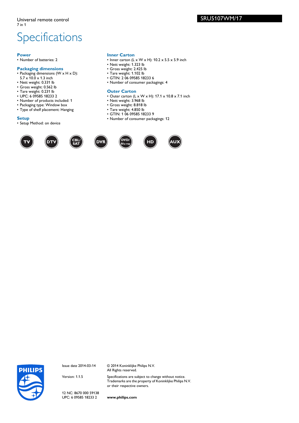 Specifications | Philips SRU5107WM-17 User Manual | Page 2 / 2