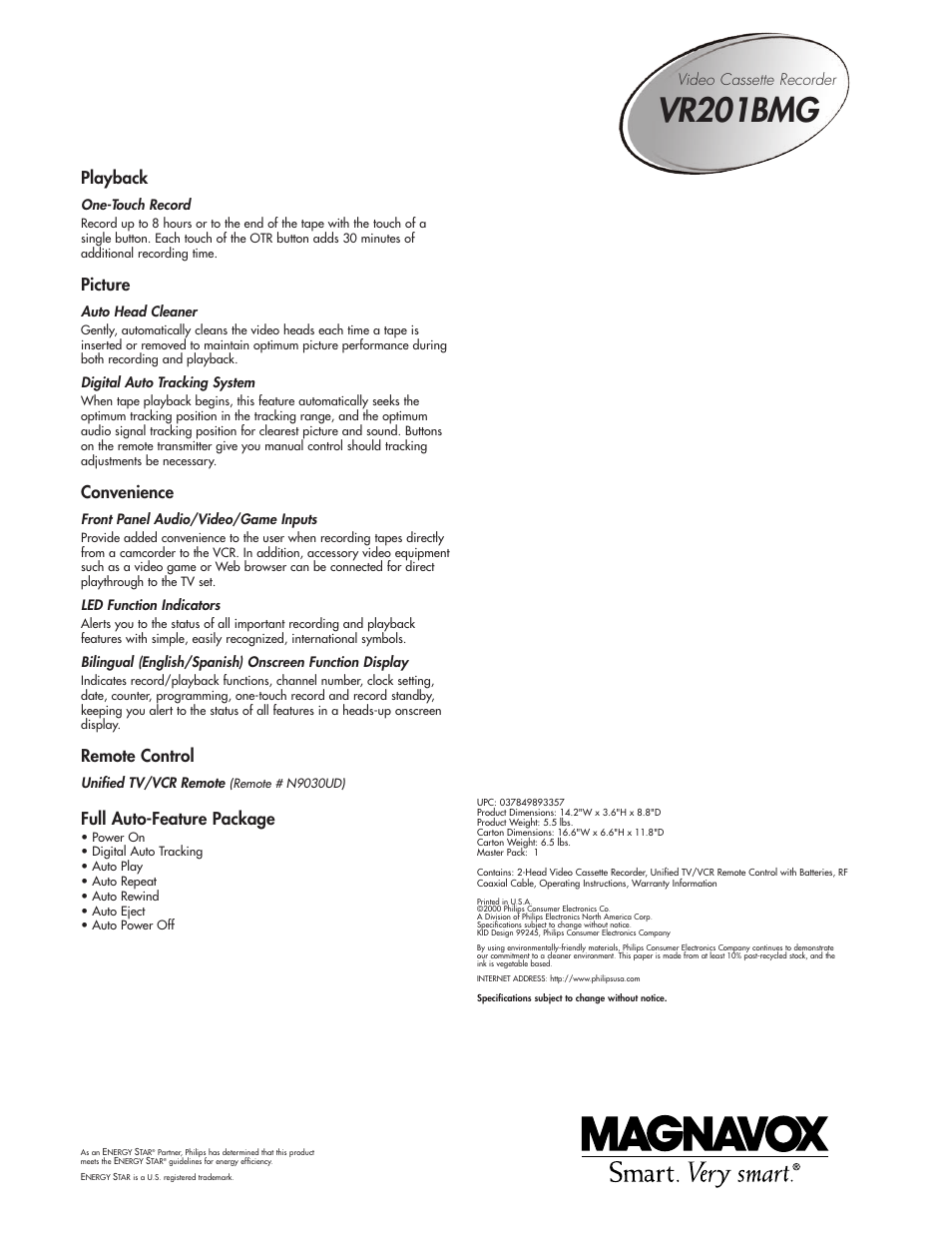 Vr201bmg, Playback, Picture | Convenience, Remote control, Full auto-feature package, Video cassette recorder, One-touch record, Auto head cleaner, Digital auto tracking system | Philips VR201BMG99 User Manual | Page 2 / 2