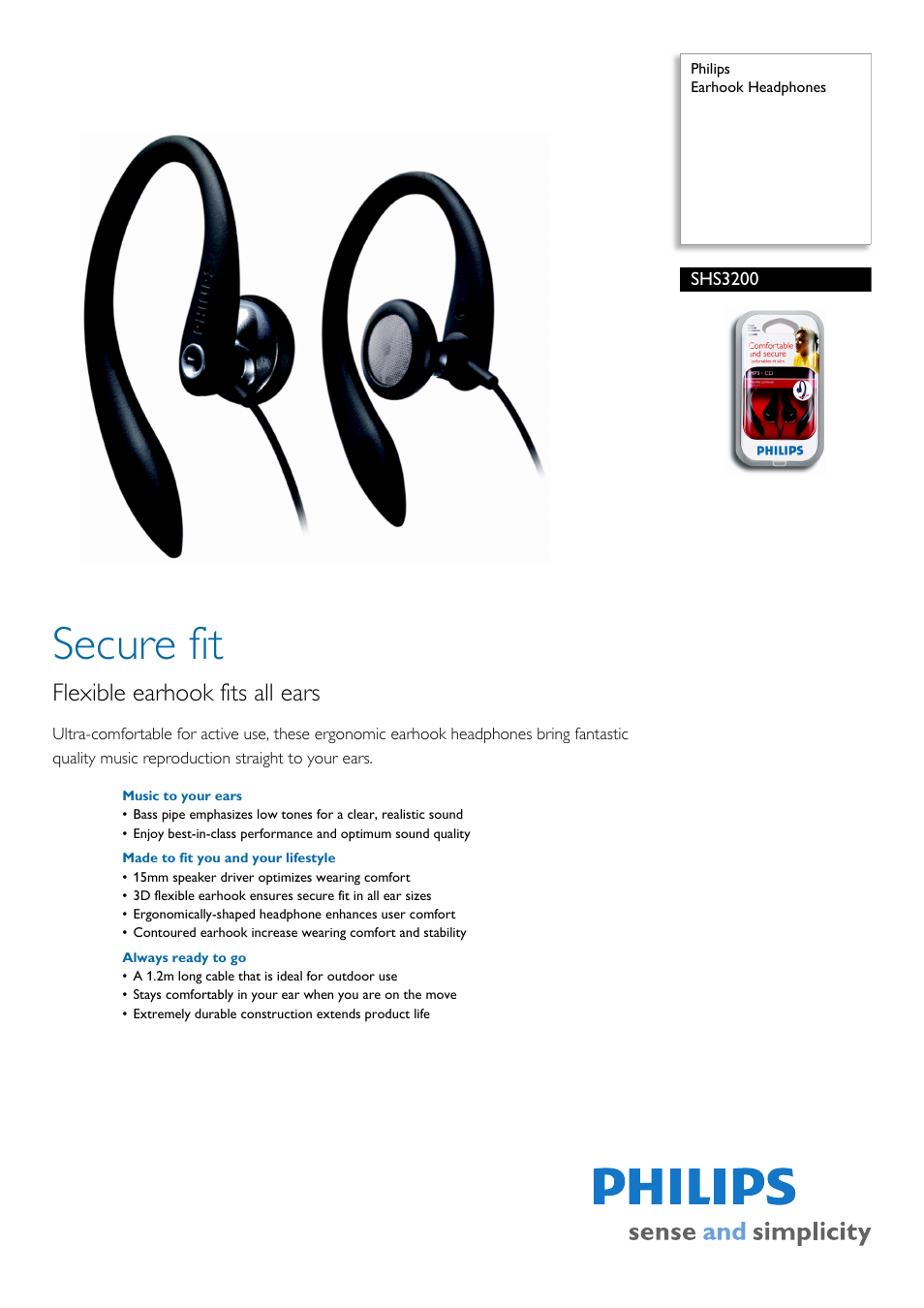 Philips Earhook Headphones SHS3200 User Manual | 2 pages