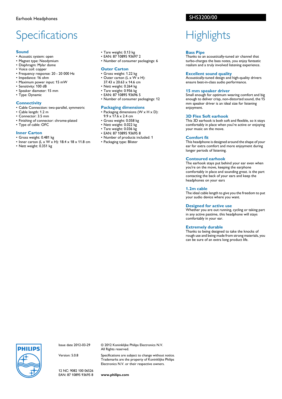Specifications, Highlights | Philips Earhook Headphones SHS3200 User Manual | Page 2 / 2