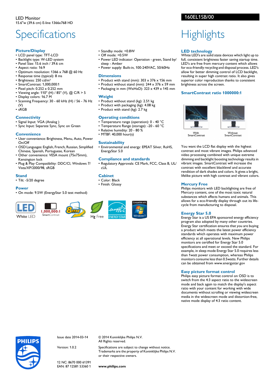 Specifications, Highlights | Philips 160EL1SB-00 User Manual | Page 2 / 2