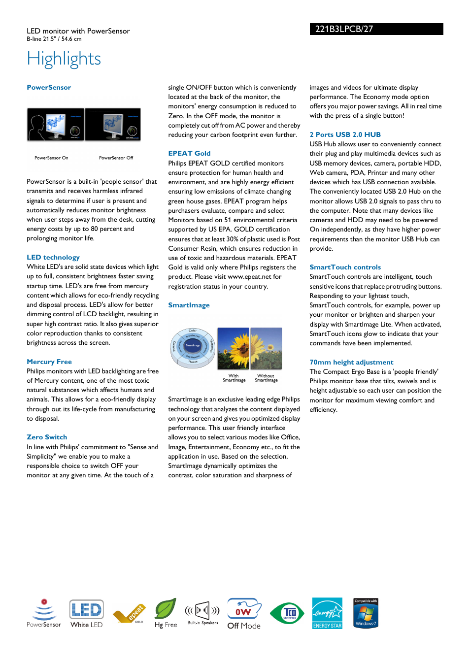 Highlights | Philips 221B3LPCB-27 User Manual | Page 2 / 3