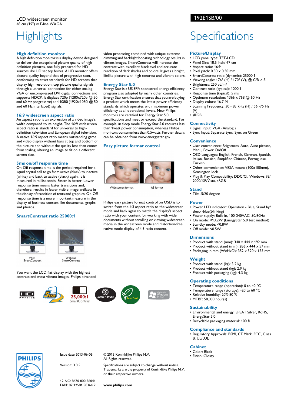 Highlights, Specifications | Philips 192E1SB-00 User Manual | Page 2 / 2