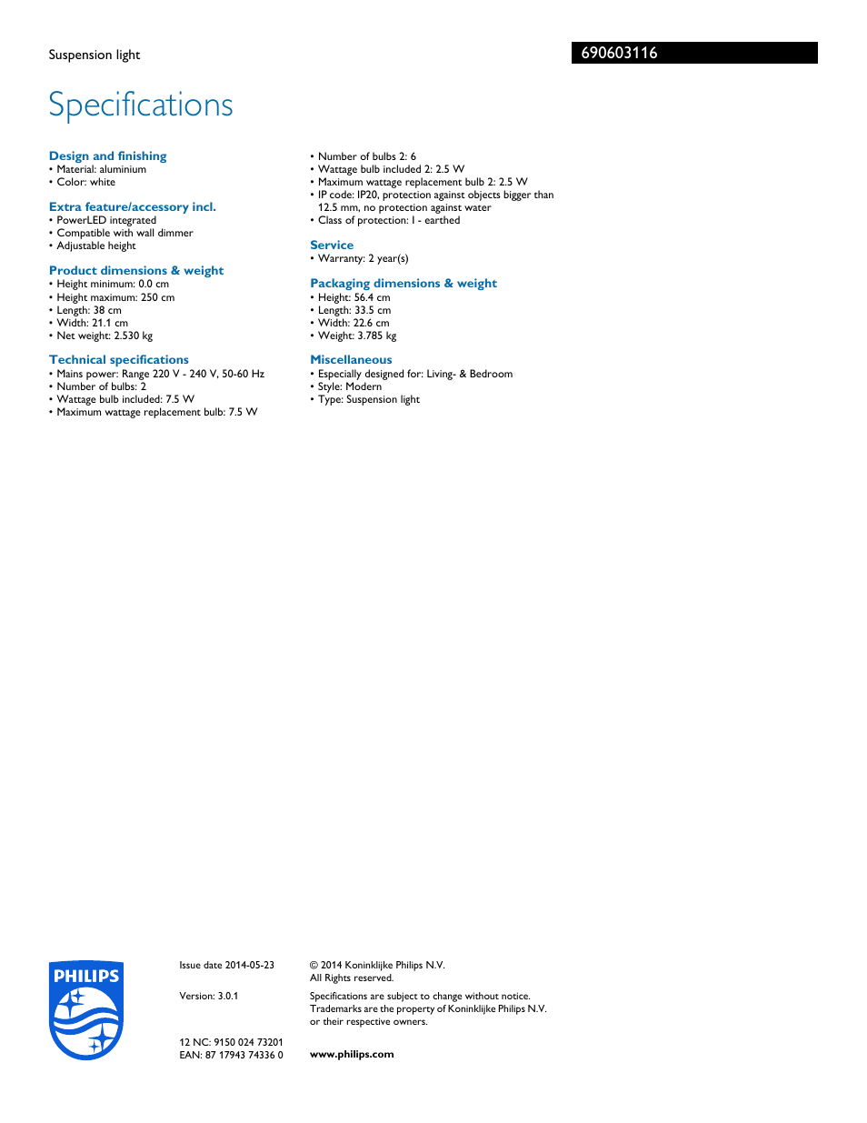 Specifications | Philips 690603116 User Manual | Page 3 / 3