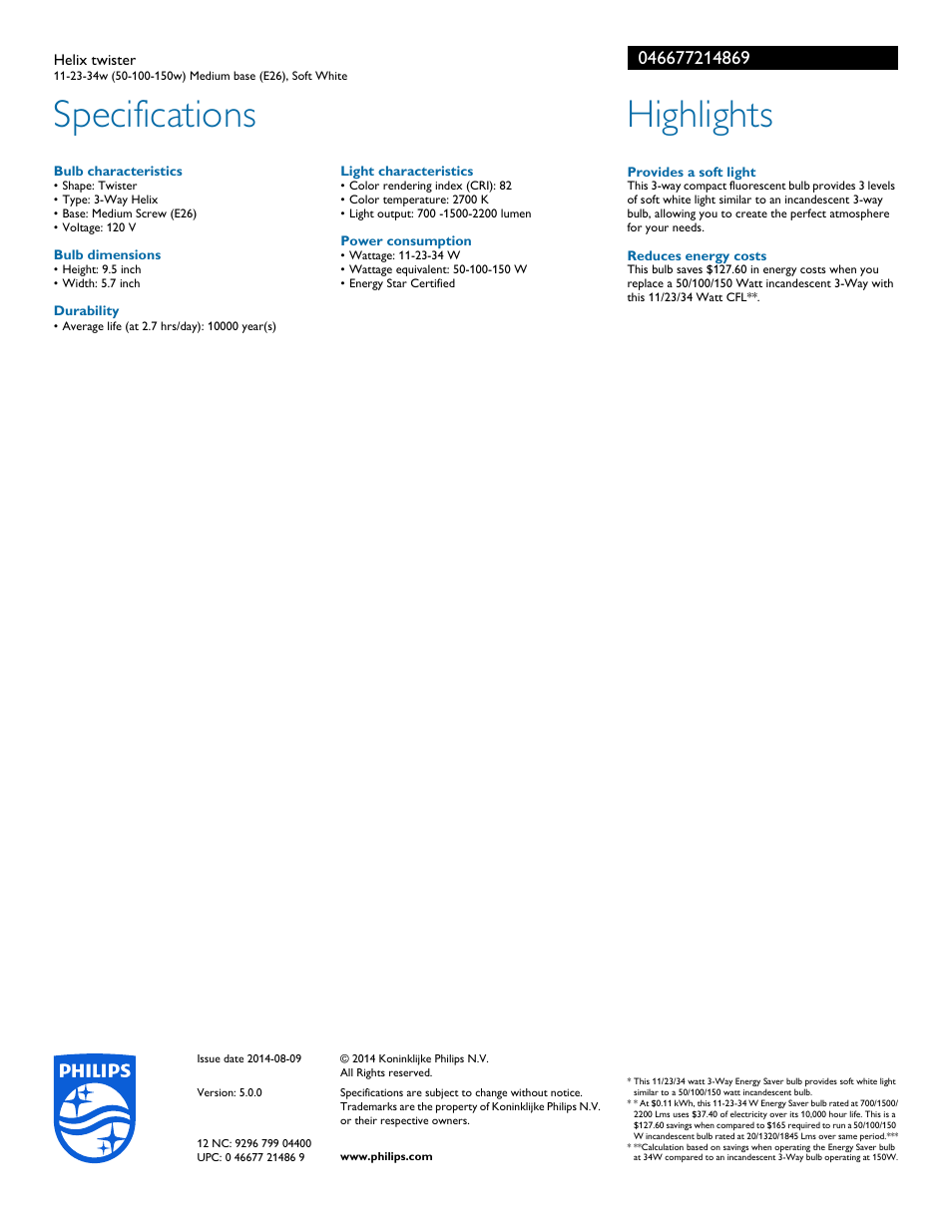 Specifications, Highlights | Philips 046677214869 User Manual | Page 2 / 2