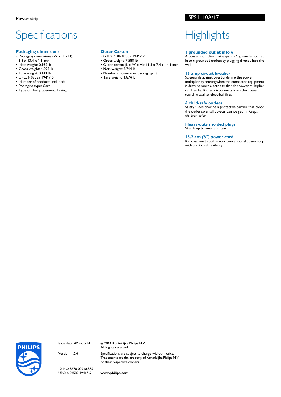 Specifications, Highlights | Philips SPS1110A-17 User Manual | Page 2 / 2