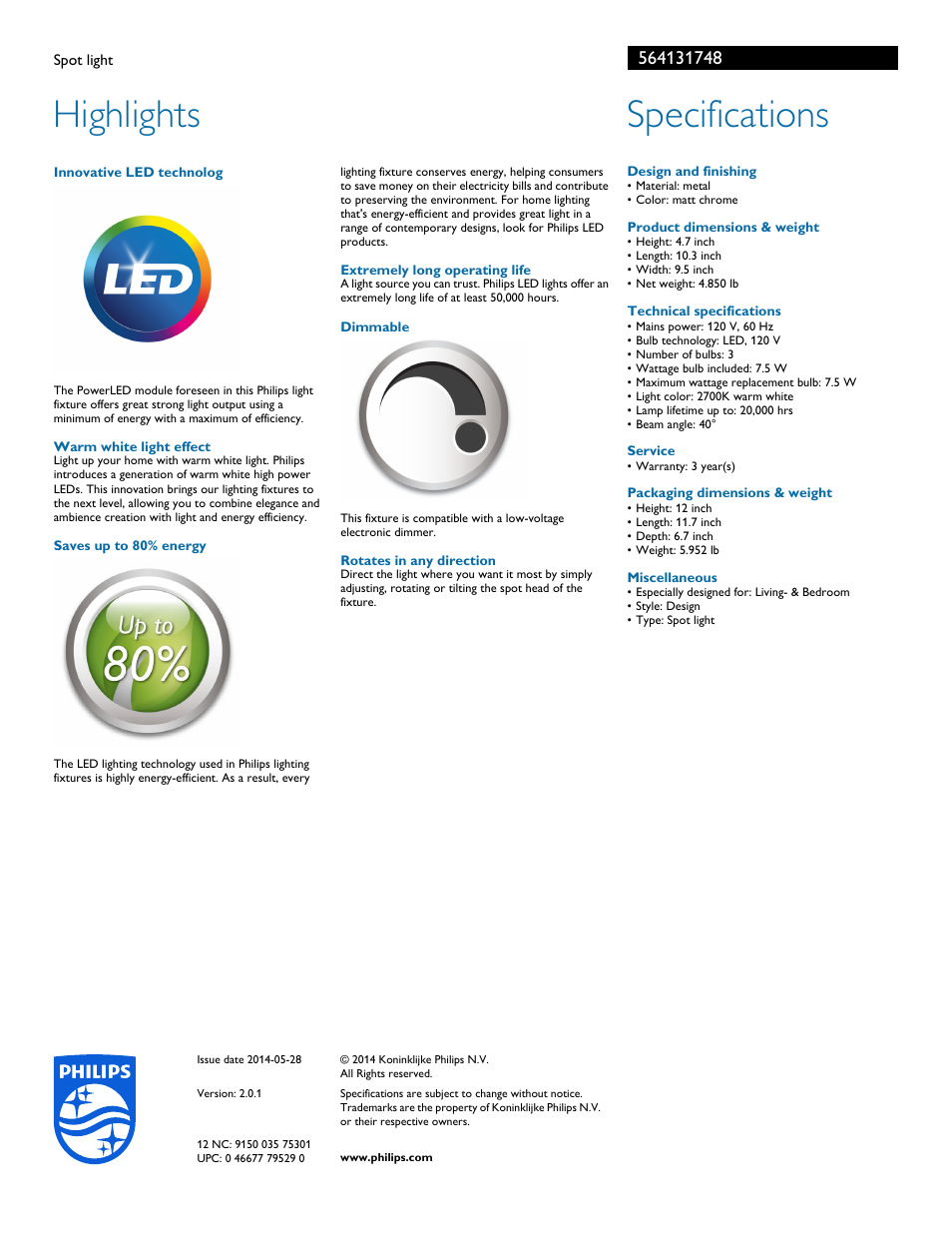 Highlights specifications | Philips 564131748 User Manual | Page 2 / 2