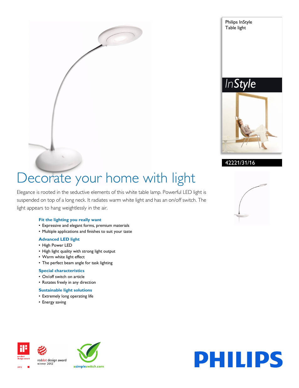 Philips InStyle Table lamp 42221-31-16 Lollypop white LED User Manual | 3 pages