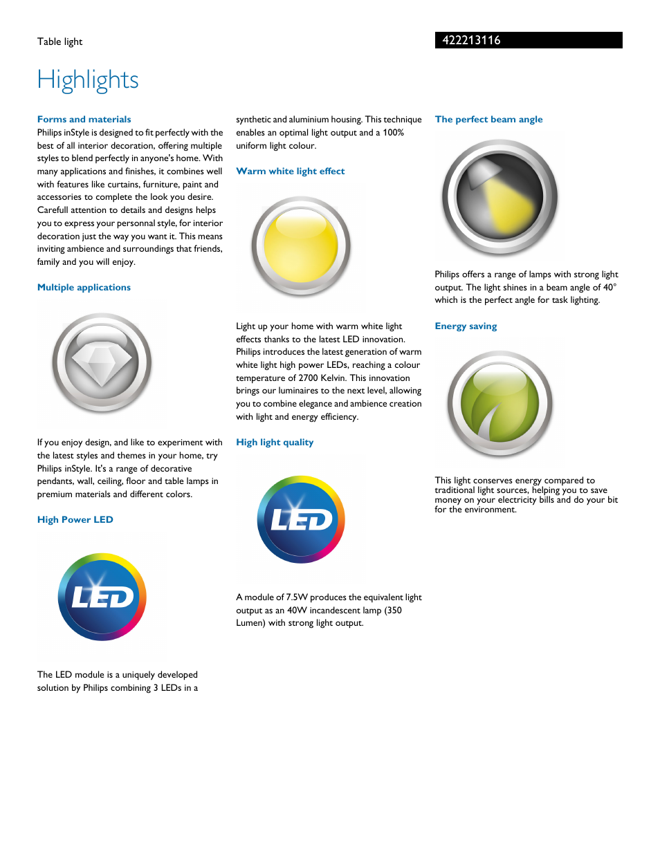 Highlights | Philips InStyle Table lamp 42221-31-16 Lollypop white LED User Manual | Page 2 / 3