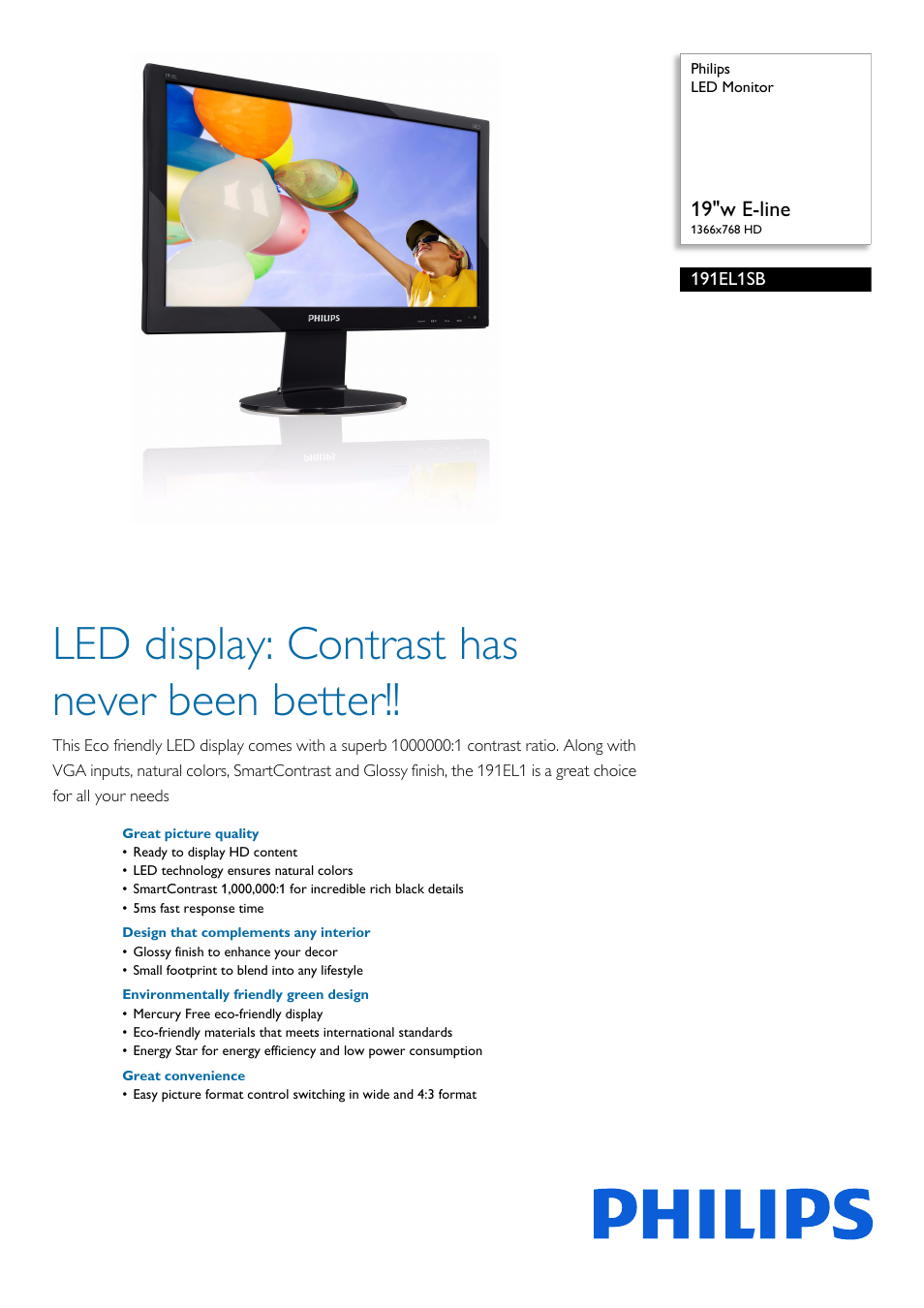 Philips 191EL1SB-00 User Manual | 3 pages
