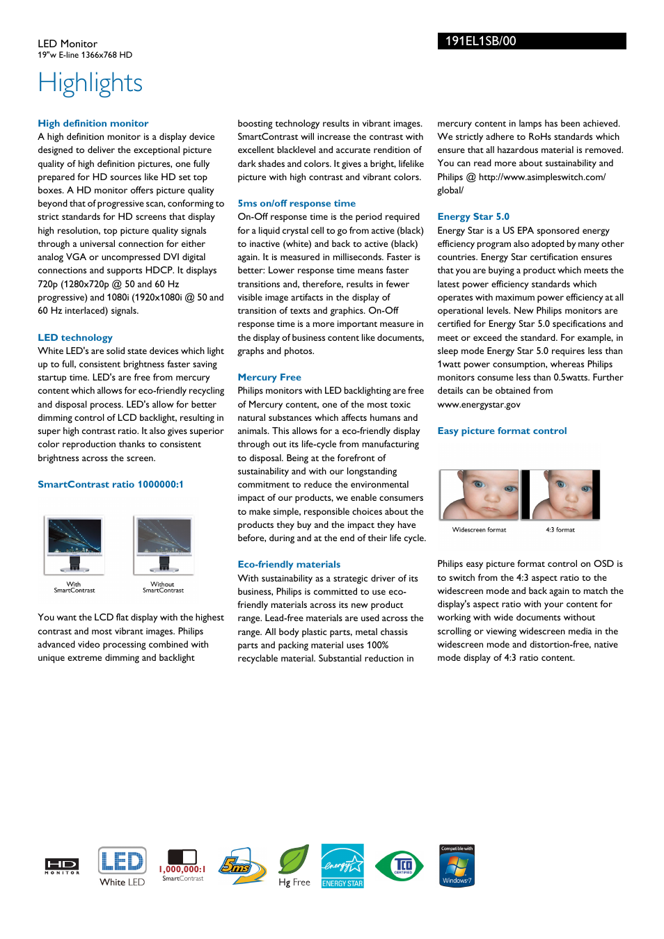 Highlights | Philips 191EL1SB-00 User Manual | Page 2 / 3