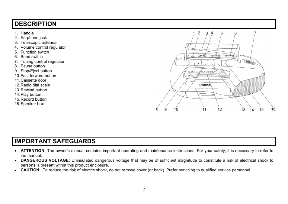 Description, Important safeguards | Hyundai H-1005 User Manual | Page 2 / 11