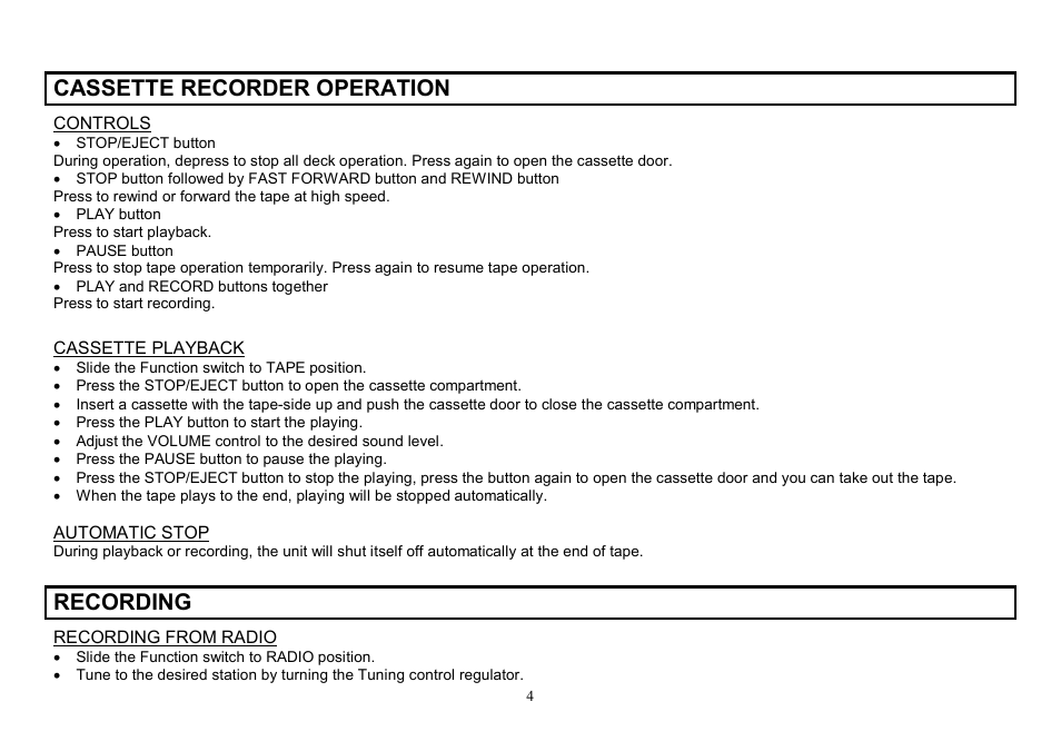 Cassette recorder operation, Recording | Hyundai H-1005 User Manual | Page 4 / 11