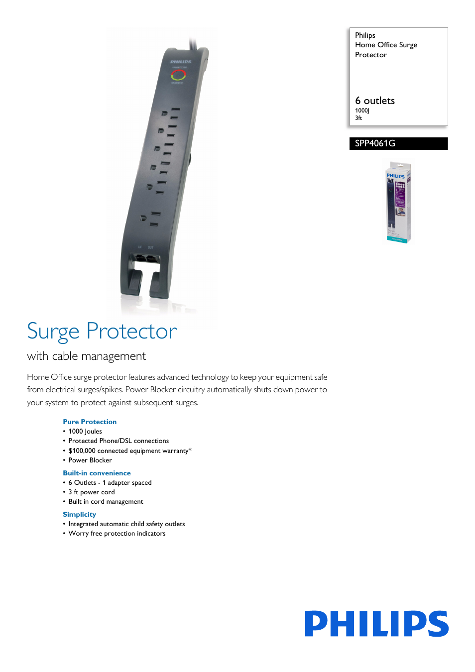 Philips Home Office Surge Protector SPP4061G 6 outlets 1000J 3ft User Manual | 2 pages