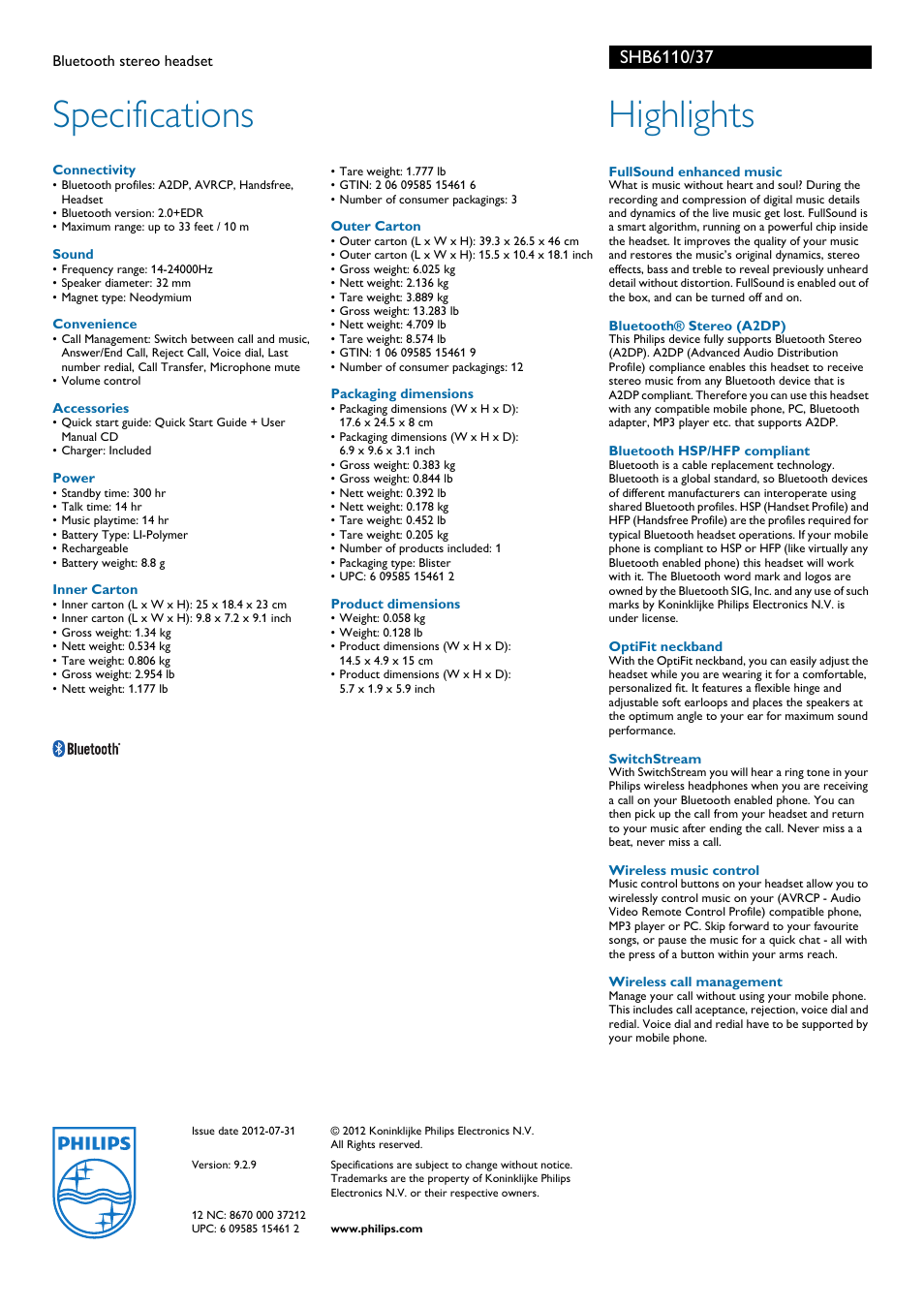 Specifications, Highlights | Philips SHB6110-37 User Manual | Page 2 / 2