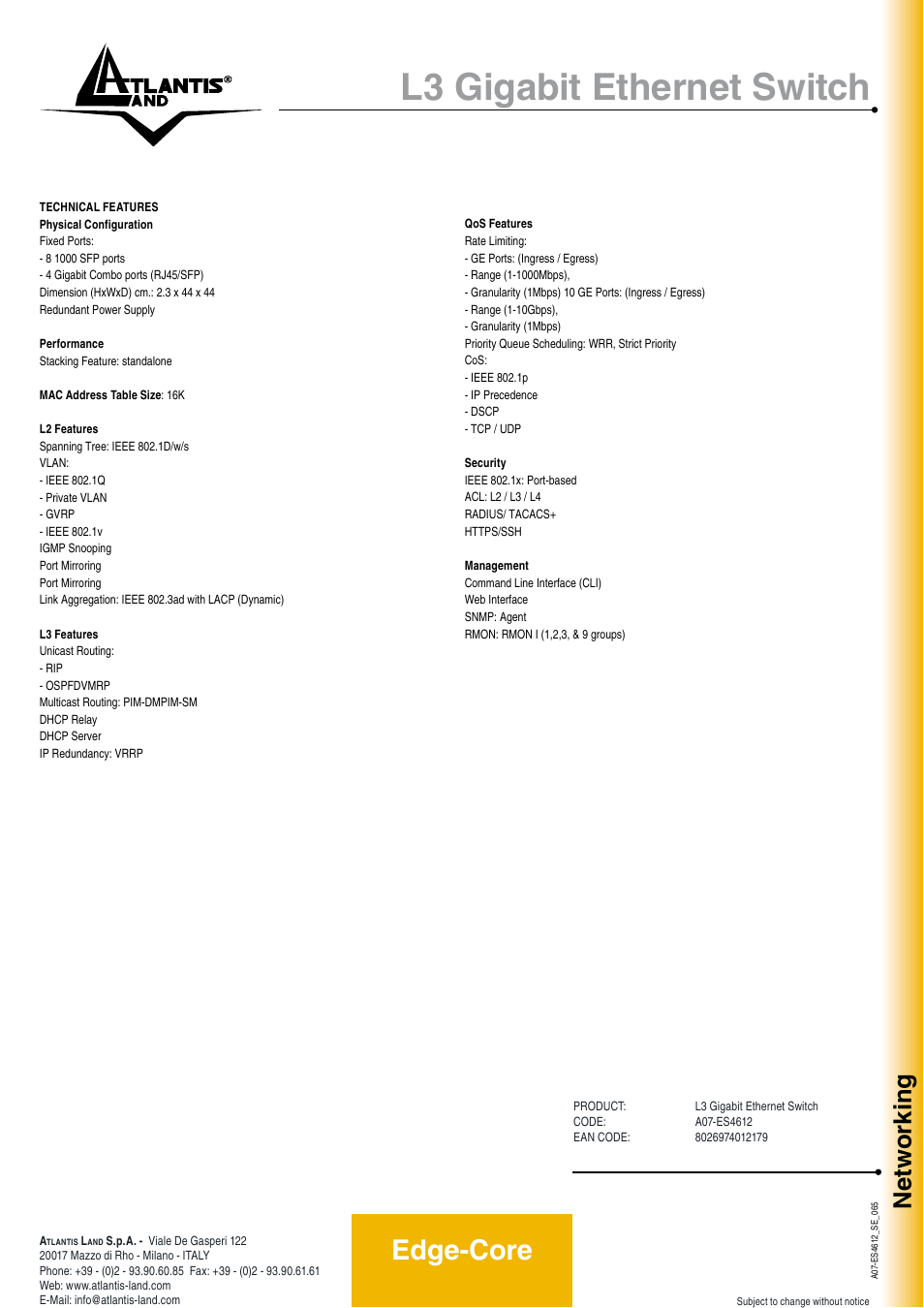 L3 gigabit ethernet switch, Edge-core, Networking | Atlantis Land A07-ES4612 User Manual | Page 2 / 2