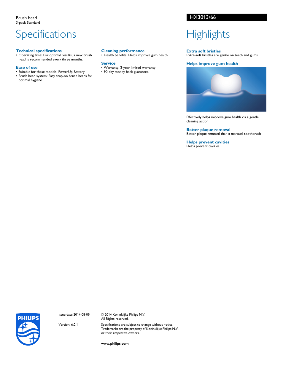Specifications, Highlights | Philips HX3013-66 User Manual | Page 2 / 2