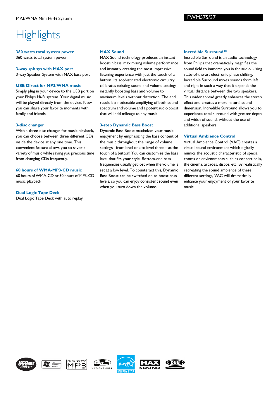 Highlights | Philips FWM575-37 User Manual | Page 2 / 3