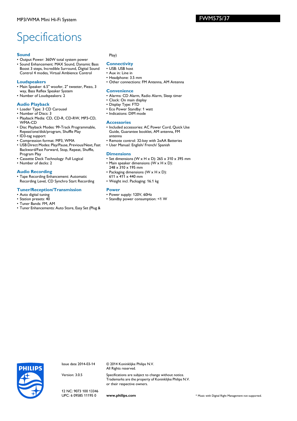 Specifications | Philips FWM575-37 User Manual | Page 3 / 3