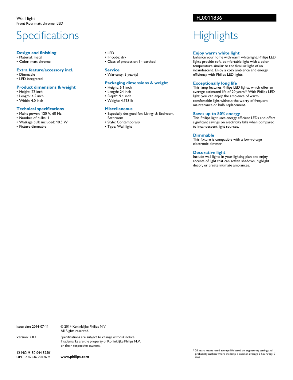 Specifications, Highlights | Philips FL0011836 User Manual | Page 2 / 2