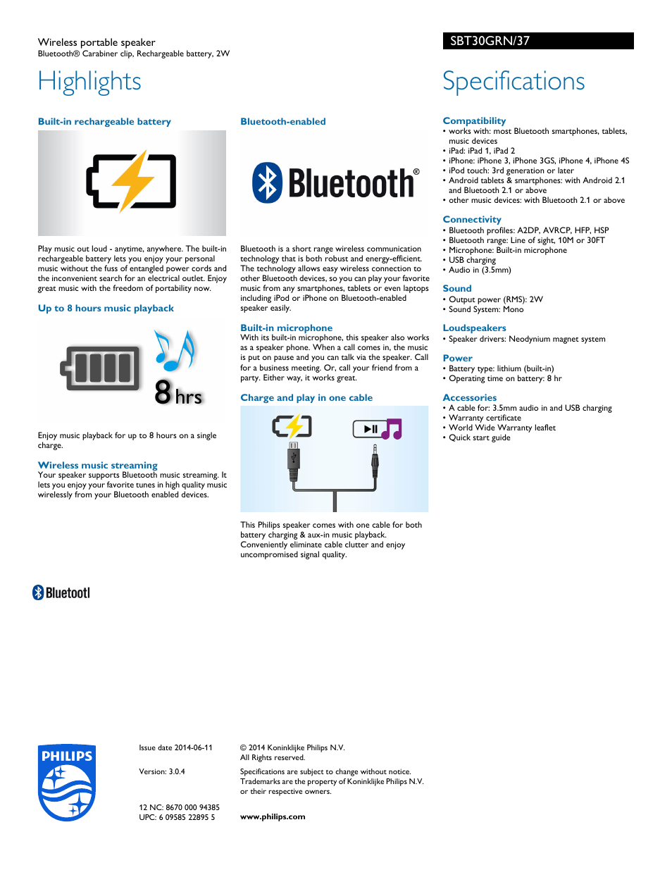 Highlights, Specifications, Sbt30grn/37 | Philips SBT30GRN-37 User Manual | Page 2 / 2