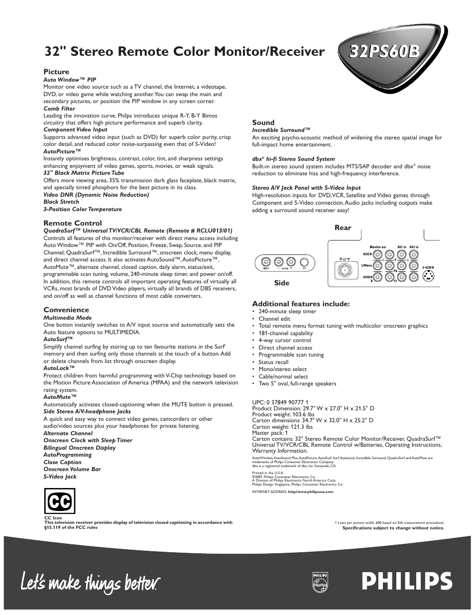 32ps60b, 32" stereo remote color monitor/receiver | Philips 32PS60B User Manual | Page 2 / 2