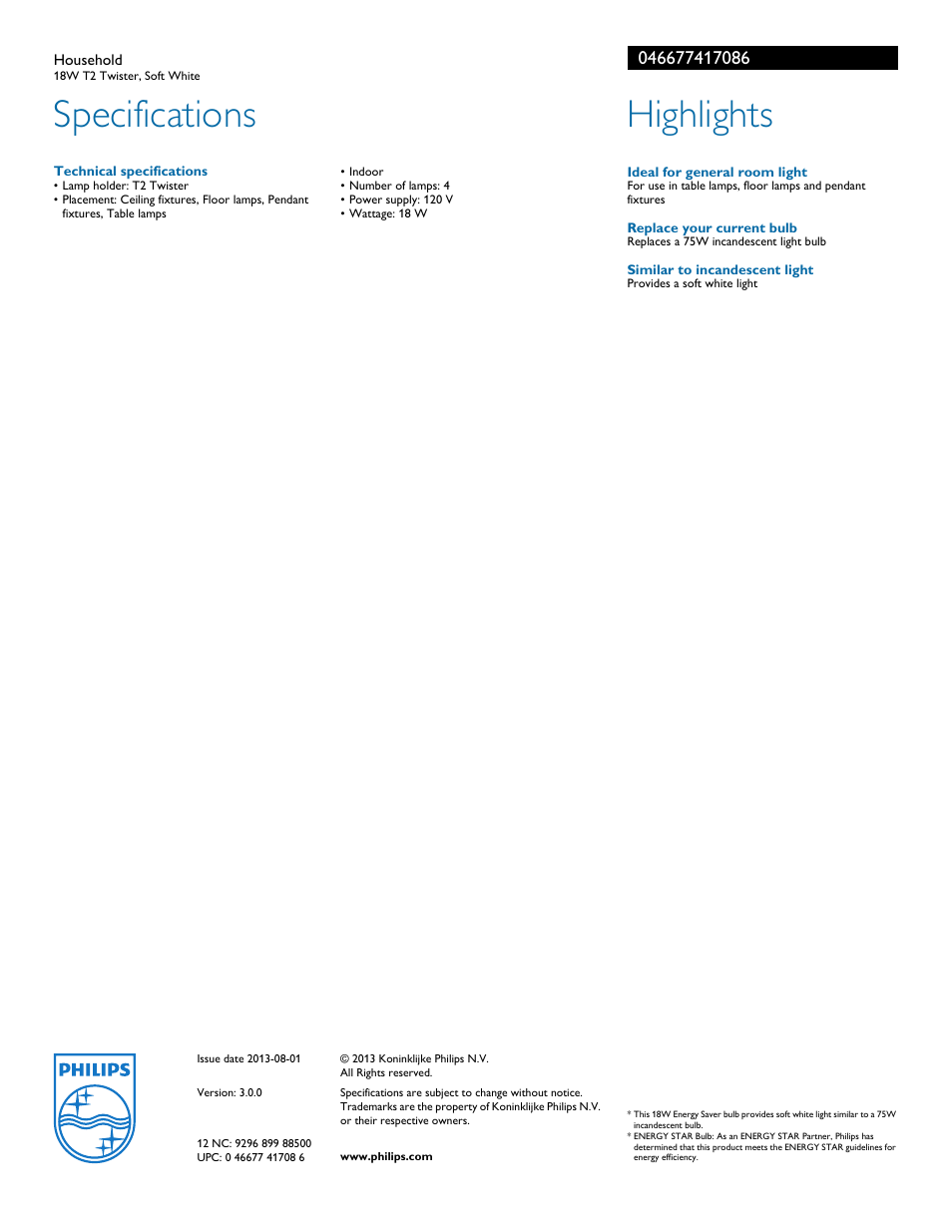 Specifications, Highlights | Philips 046677417086 User Manual | Page 2 / 2