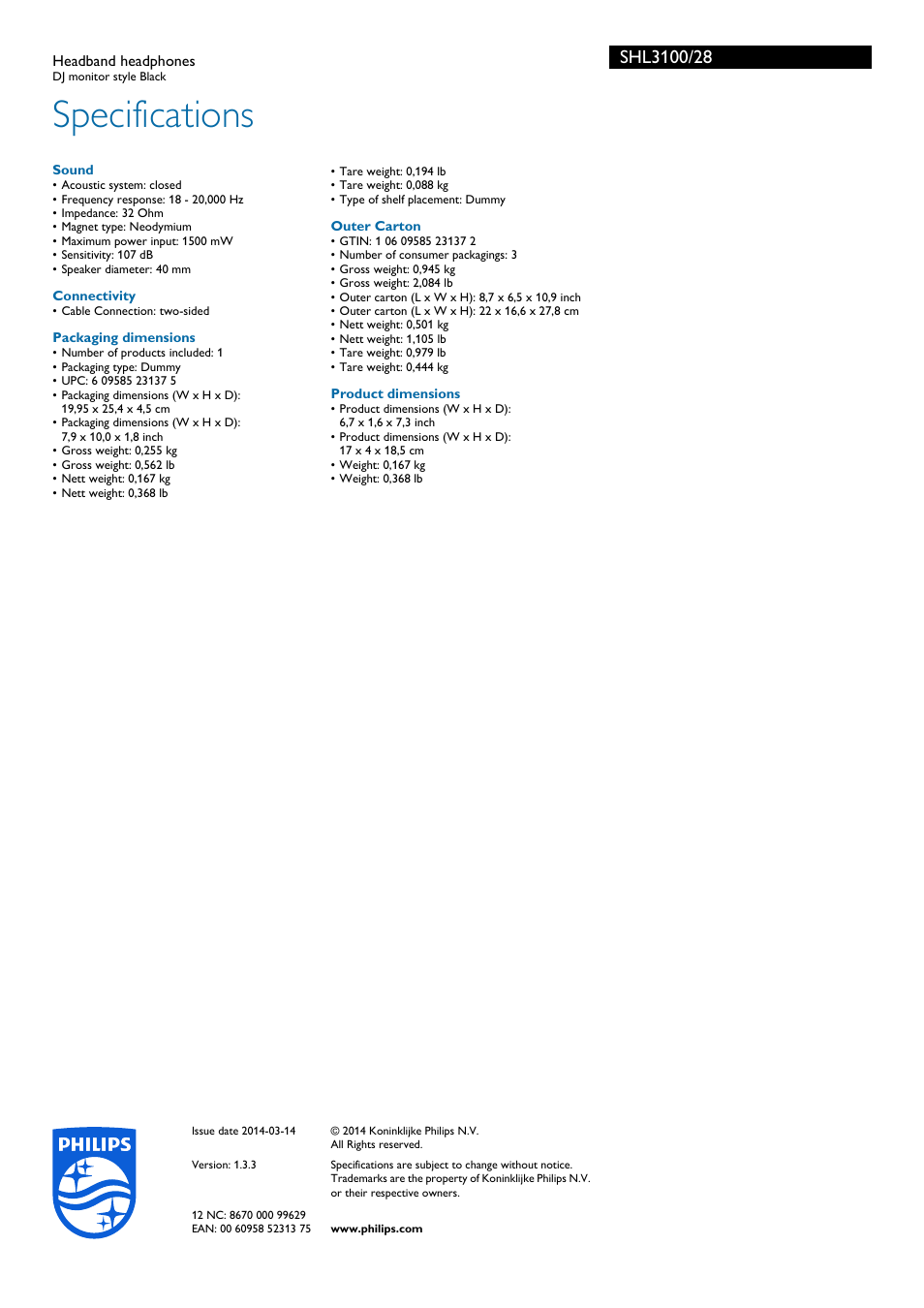 Specifications | Philips SHL3100-28 User Manual | Page 3 / 3