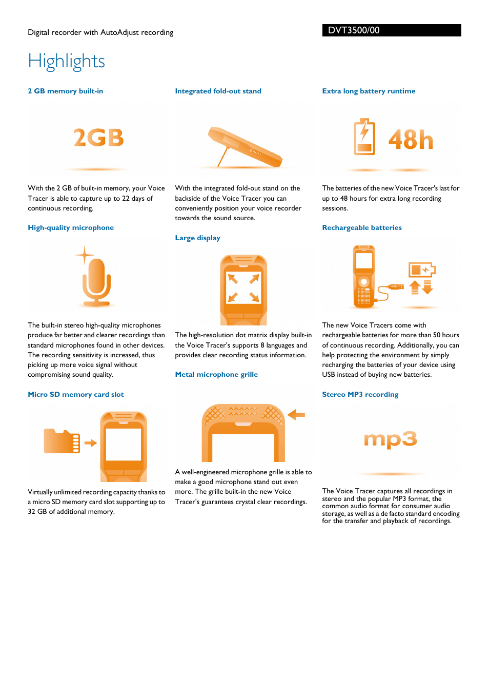 Highlights | Philips DVT3500-00 User Manual | Page 2 / 3