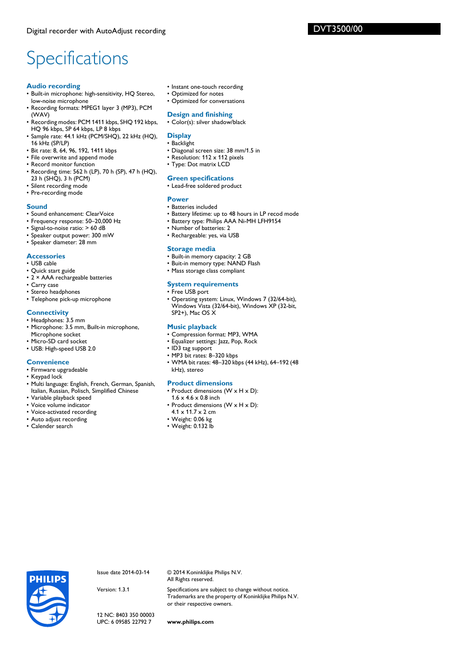 Specifications | Philips DVT3500-00 User Manual | Page 3 / 3