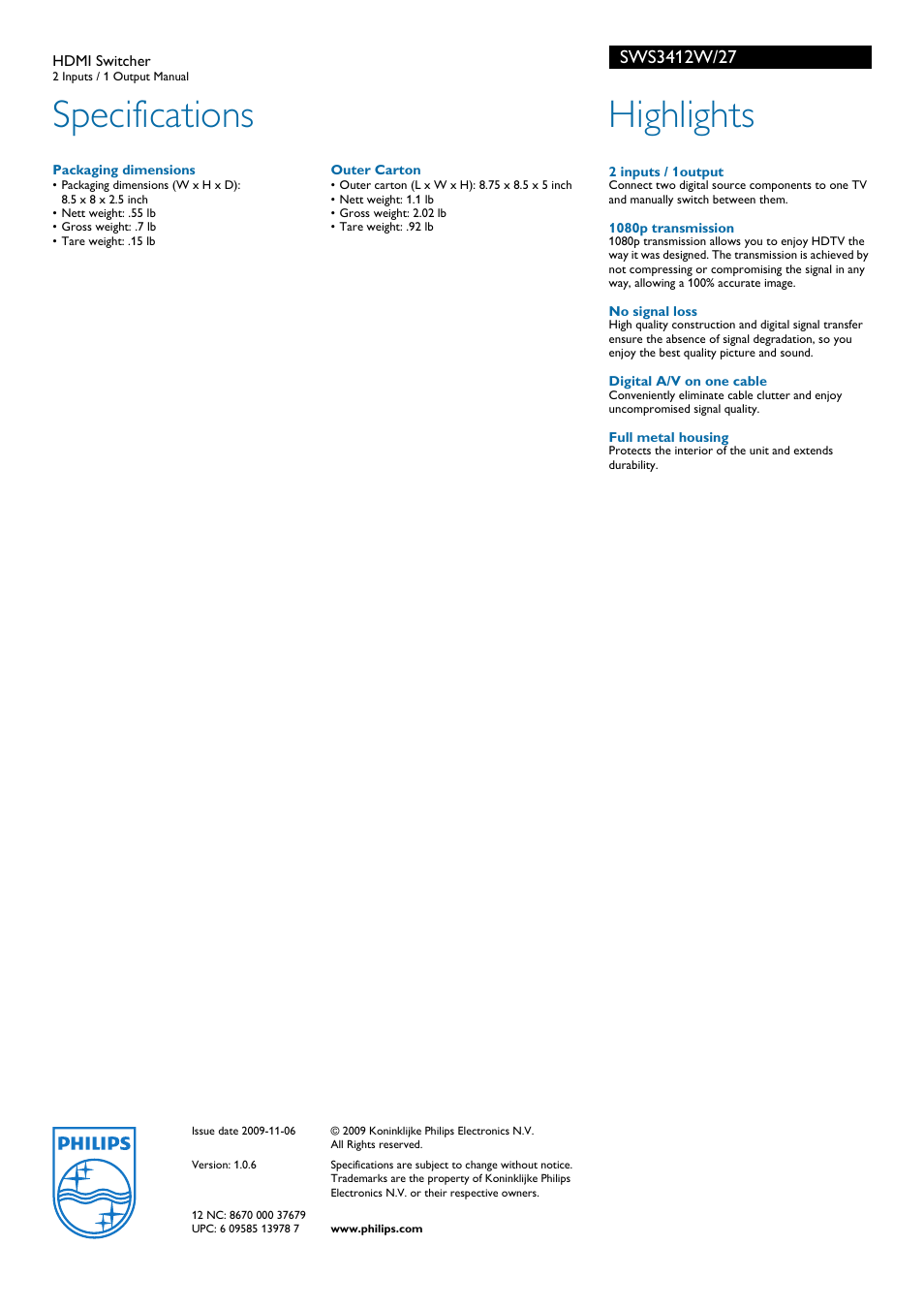 Specifications, Highlights | Philips SWS3412W-27 User Manual | Page 2 / 2