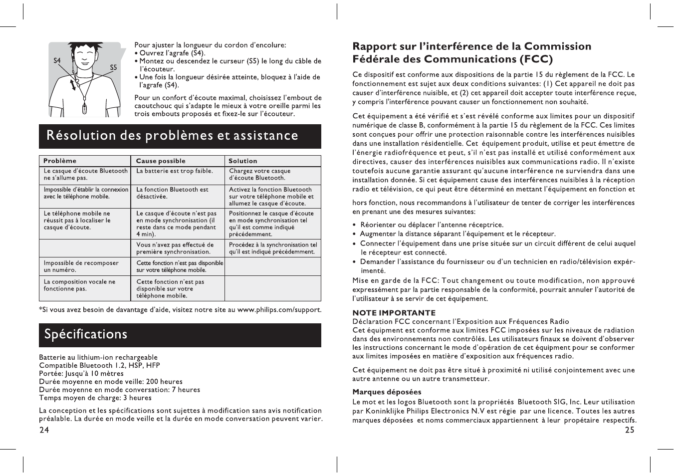 Résolution des problèmes et assistance, Spécifications | Philips SHB1300-27 User Manual | Page 13 / 13