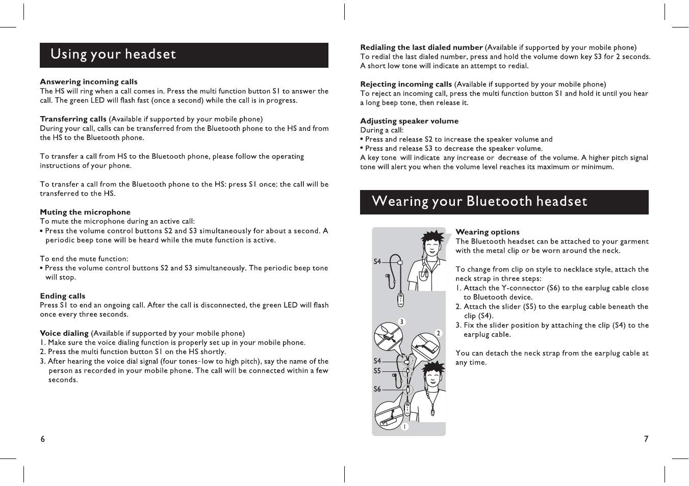 Answering incoming caiis, Muting the microphone, Ending caiis | Adjusting speaker volume, Wearing options, Using your headset, Wearing your bluetooth headset | Philips SHB1300-27 User Manual | Page 4 / 13