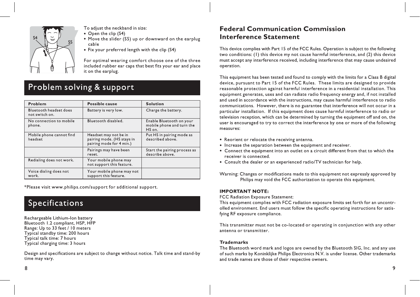 Problem solving & support, Specifications | Philips SHB1300-27 User Manual | Page 5 / 13