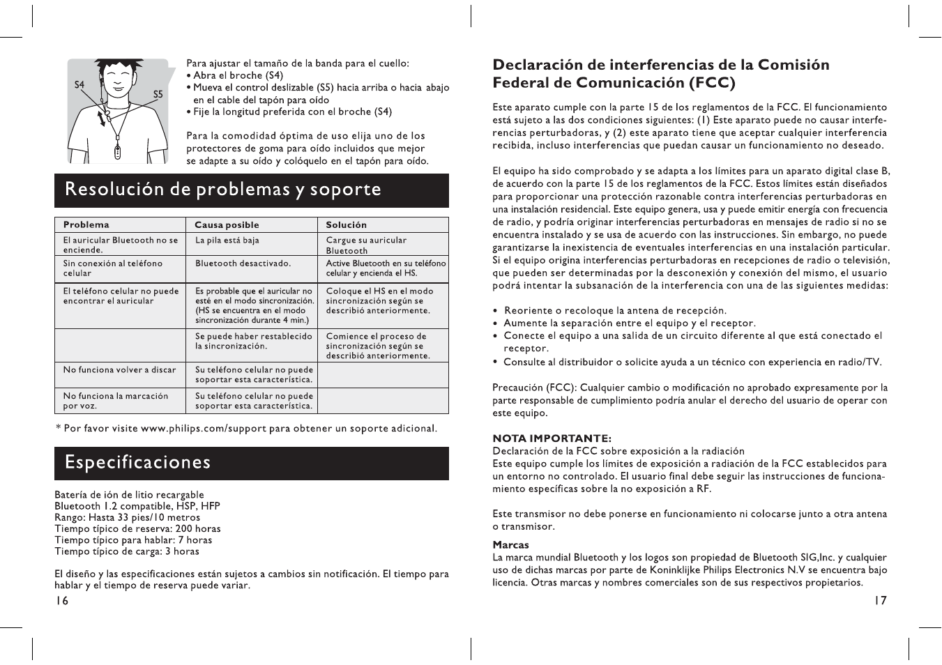 Resolución de problemas y soporte, Especificaciones | Philips SHB1300-27 User Manual | Page 9 / 13