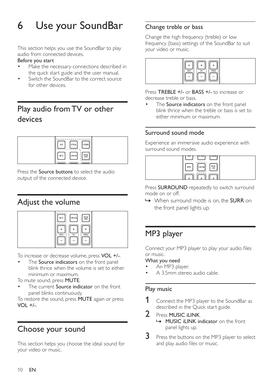 5 connect your soundbar, Subwoofer, Position | Connect, Connectors, Side right, 6 use your soundbar, Play audio from tv or other devices, Adjust the volume, Choose your sound | Philips CSS2123-F7 User Manual | Page 11 / 15