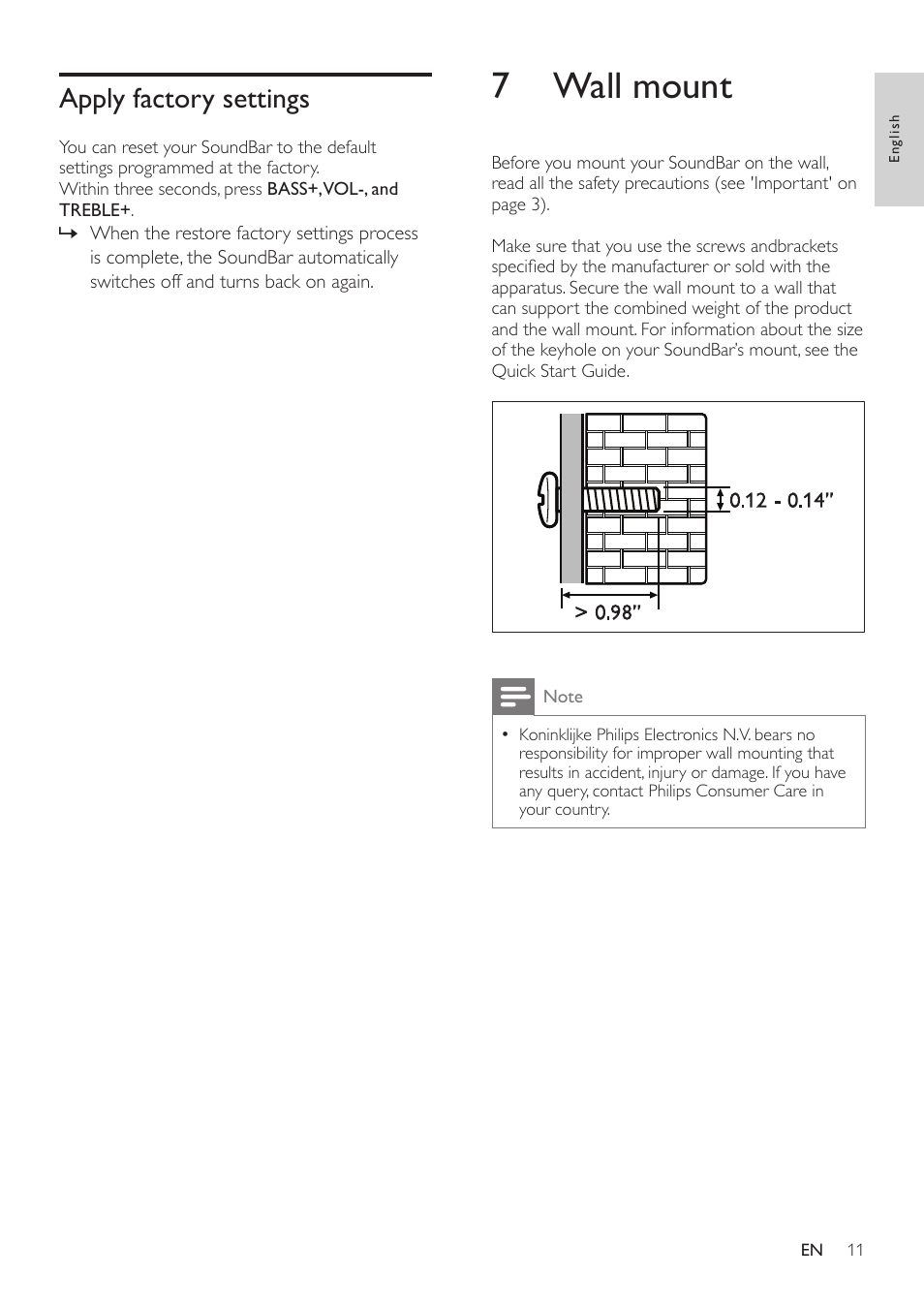 Rear left, Rear right, Connect audio from tv and other devices | Apply factory settings, 7 wall mount | Philips CSS2123-F7 User Manual | Page 12 / 15