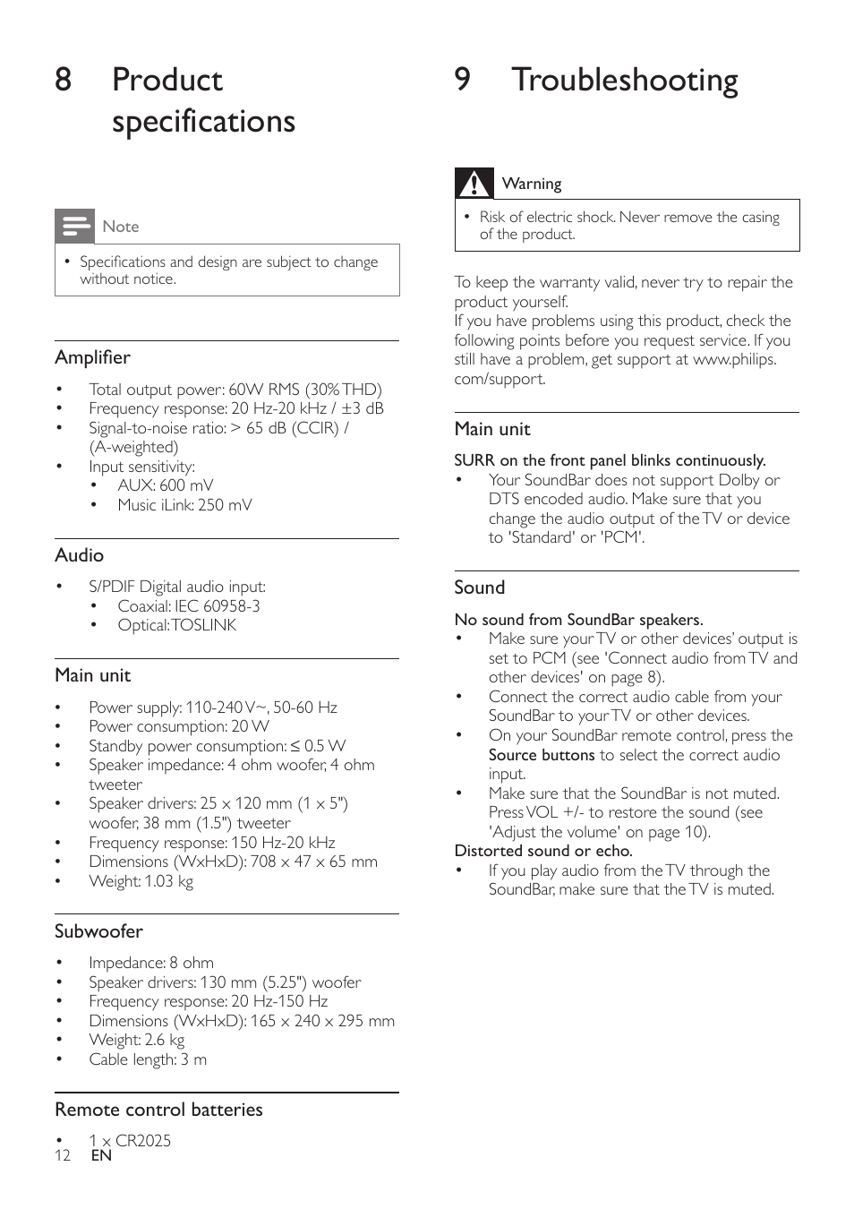 8 product specifications, 9 troubleshooting | Philips CSS2123-F7 User Manual | Page 13 / 15