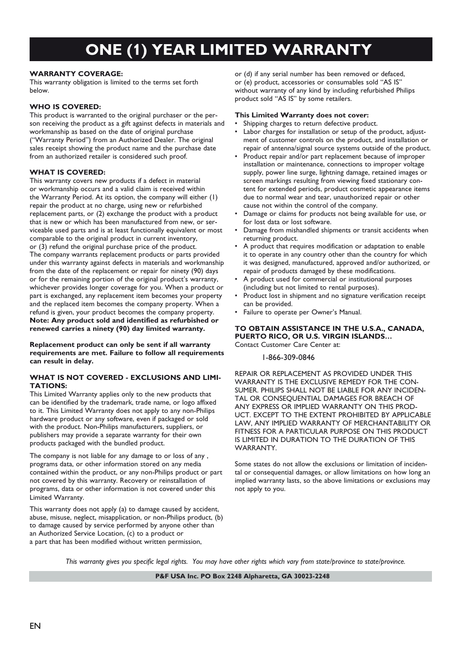 One (1) year limited warranty | Philips CSS2123-F7 User Manual | Page 14 / 15