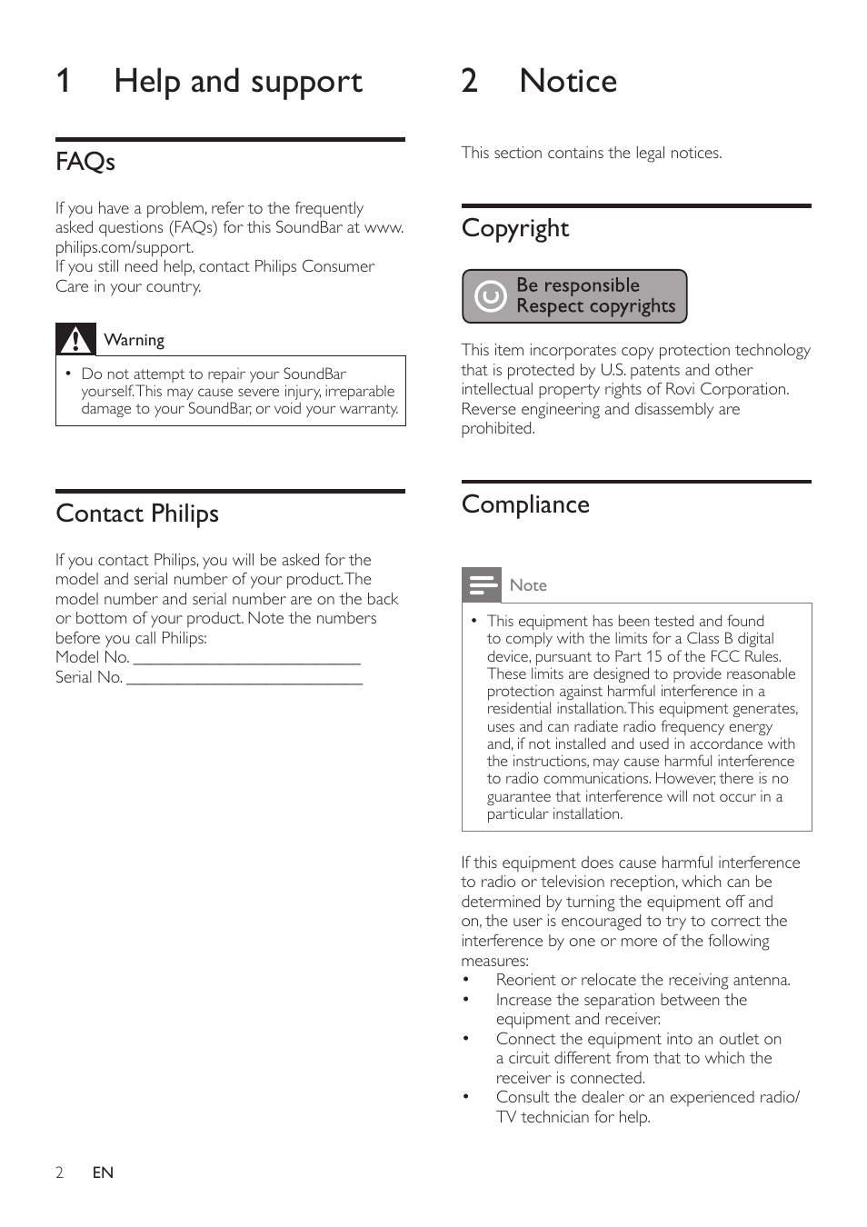 1 help and support, Faqs, Contact philips | 2 notice, Copyright, Compliance | Philips CSS2123-F7 User Manual | Page 3 / 15