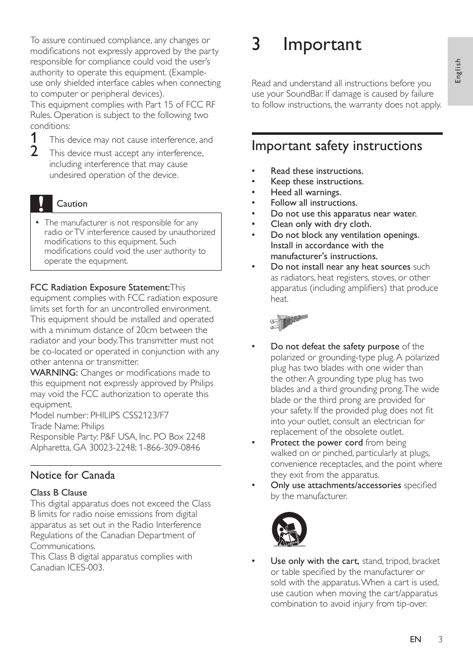 2 notice, Copyright, Compliance | Notice for canada, 3 important, Important safety instructions | Philips CSS2123-F7 User Manual | Page 4 / 15