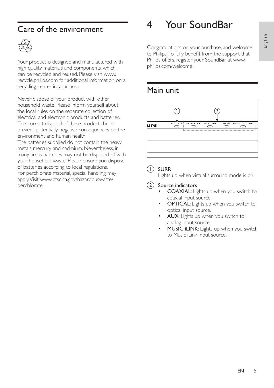3 important, Important safety instructions, Care of the environment | 4 your soundbar, Main unit | Philips CSS2123-F7 User Manual | Page 6 / 15