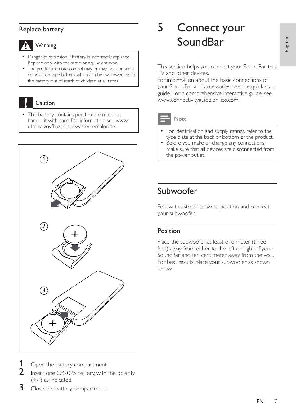 5 connect your soundbar, Subwoofer | Philips CSS2123-F7 User Manual | Page 8 / 15