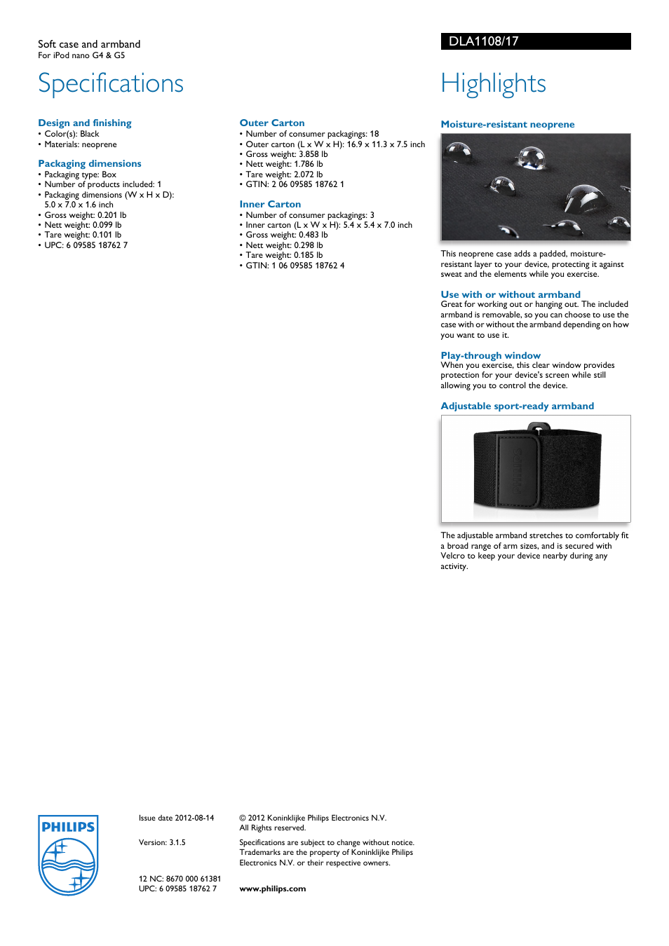 Specifications, Highlights | Philips DLA1108-17 User Manual | Page 2 / 2