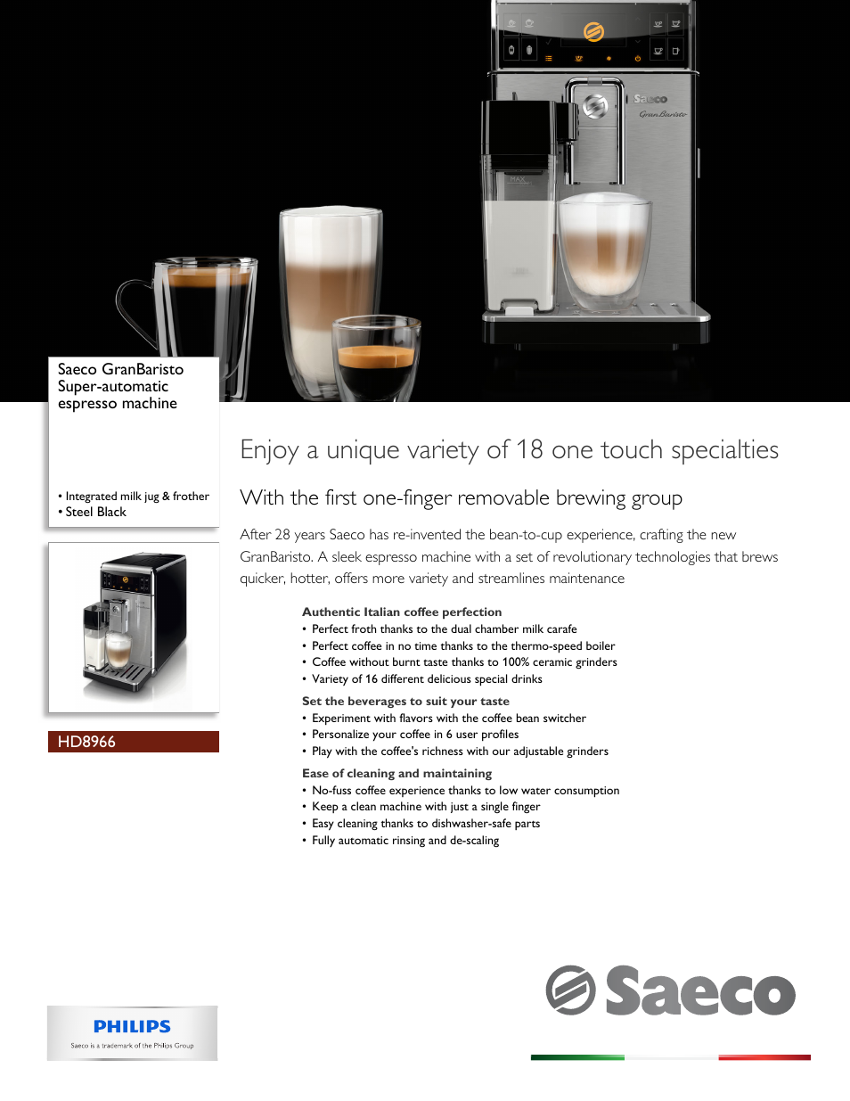 Philips Saeco GranBaristo Super-automatic espresso machine HD8966 Integrated milk jug & frother Steel Black User Manual | 3 pages