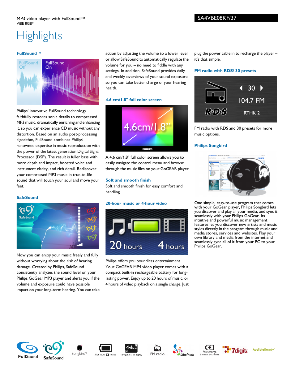 Highlights | Philips SA4VBE08KF-37 User Manual | Page 2 / 3