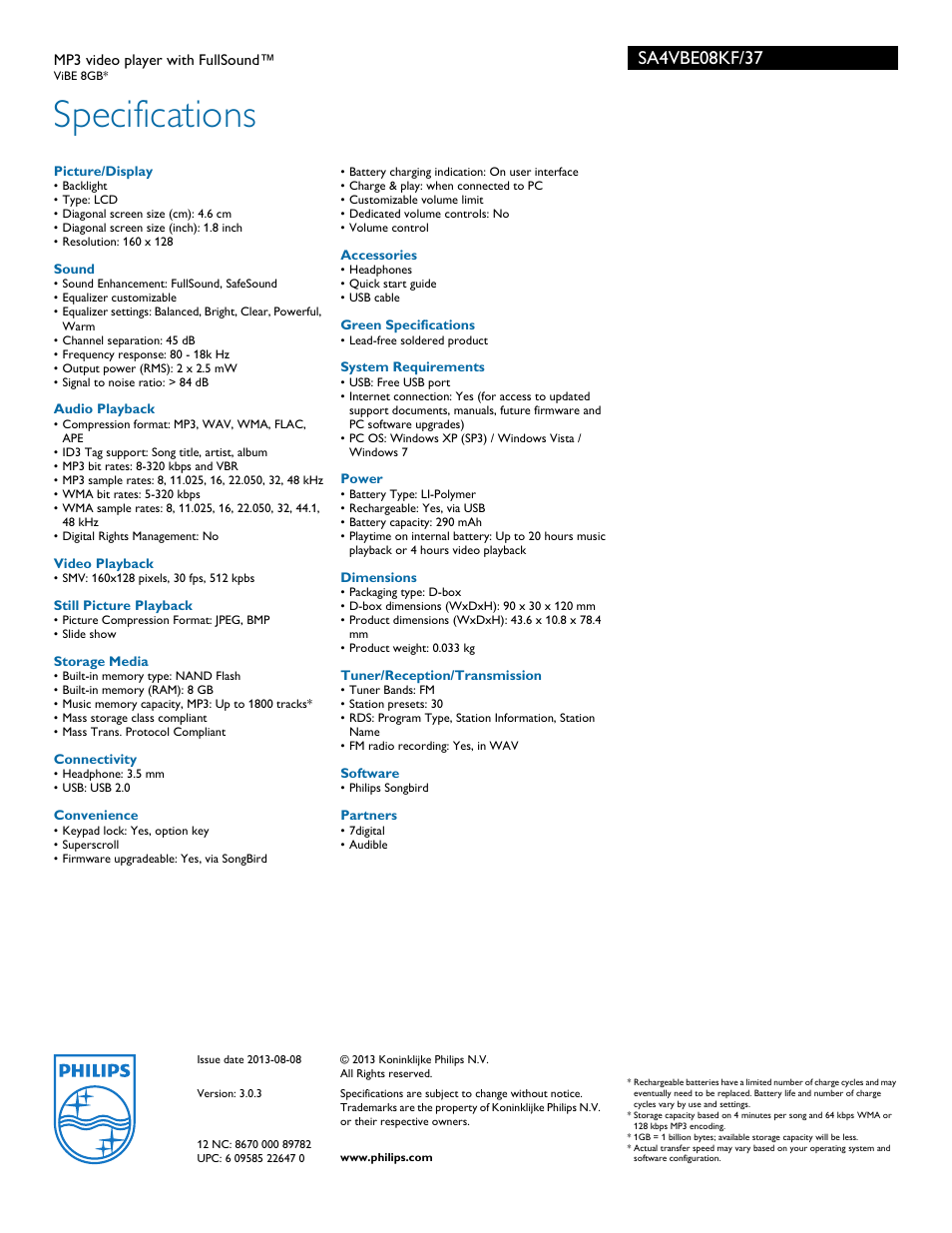 Specifications | Philips SA4VBE08KF-37 User Manual | Page 3 / 3