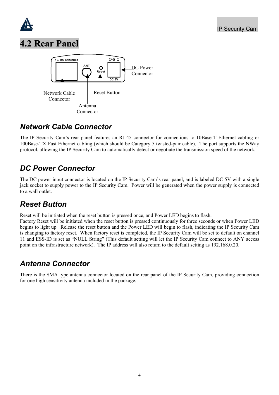 2 rear panel, Network cable connector, Dc power connector | Reset button, Antenna connector | Atlantis Land IP Security Cam A02-WIPCAM-11B User Manual | Page 11 / 65
